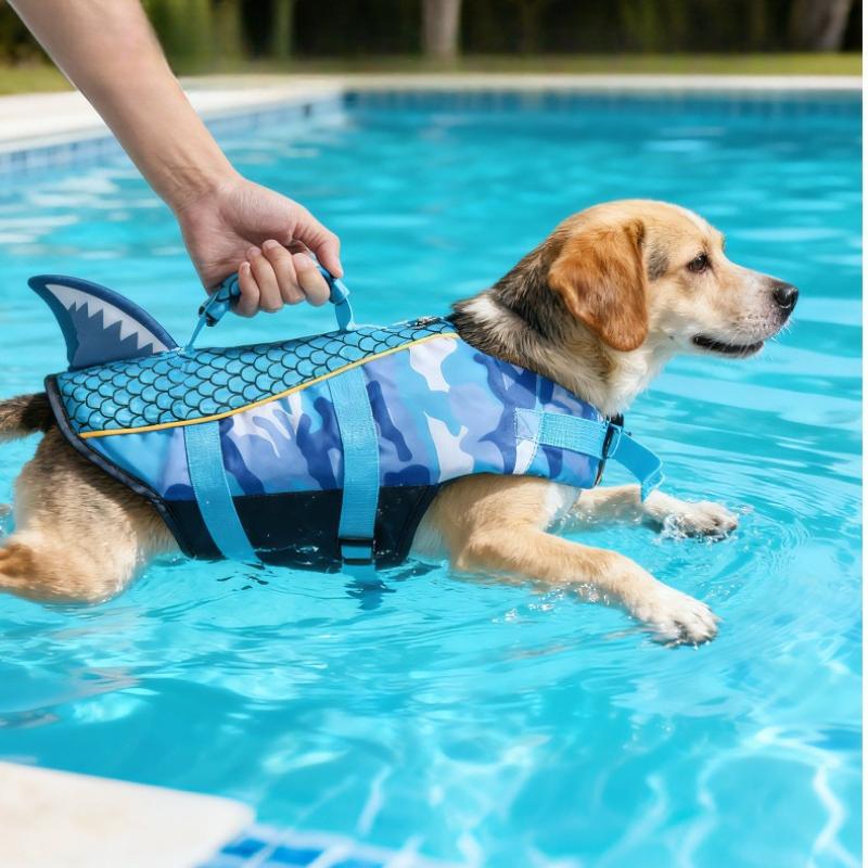 Durable Quick Drying Large Dog Life Jacket Dog Swimming Jacket with Rescue Handle Shark Fin Design High Buoyancy Safety Suit Outdoor Swimming Gear