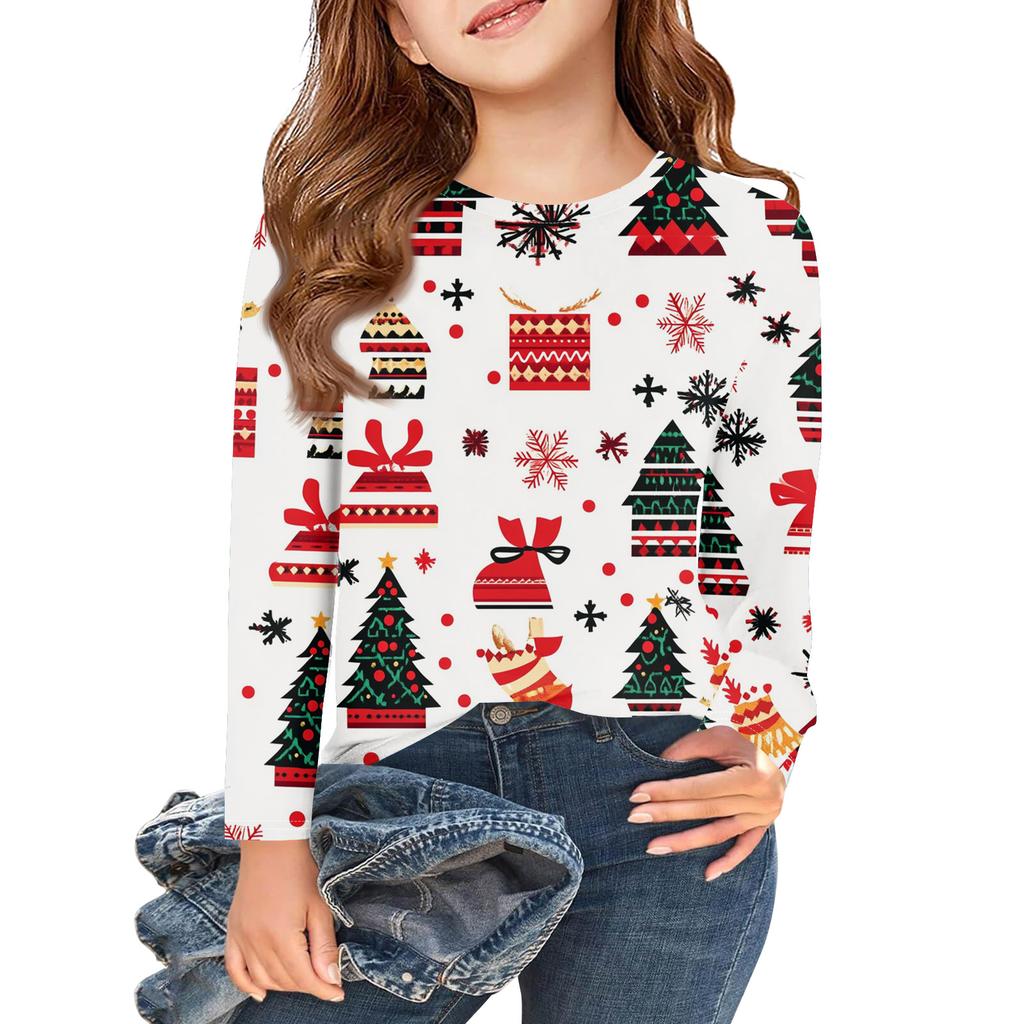 Christmas Day Girls Long Sleeve T Shirts Kids Fall Tops Crewneck Printed Basic Tees