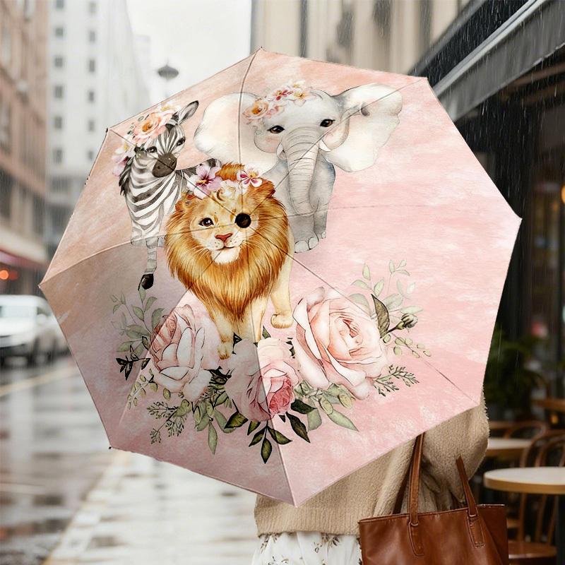 1pc Zebra Elephant Automatic Folding Umbrella, Heavy Duty 8 Rib Iron Frame,  Suitable for Travel, Daily Use, Birthday, Decor Gift m0104043
