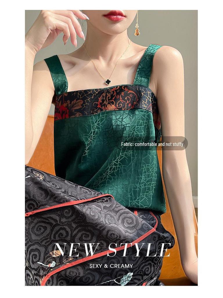 Chinese Embroidery Silk Camisole with Square Collar and Sleeveless Design