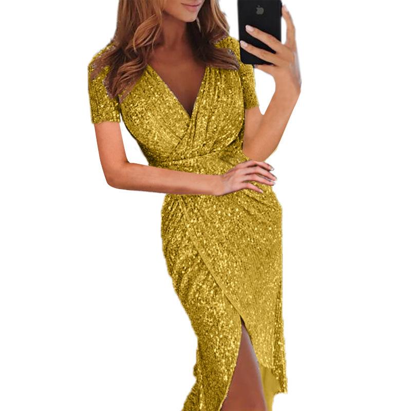 women's sequin wrap midi dress long sleeve deep v neck slim fit high slit party gown bodycon evening cocktail dress