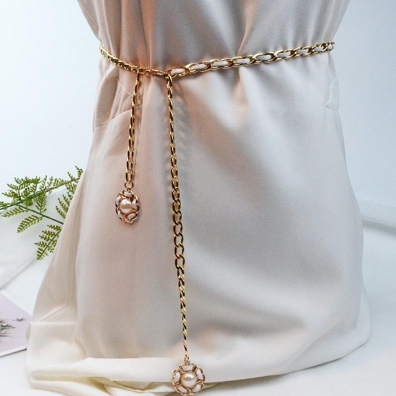 French Small Fragrance Style Waist Chain Women's Accessories Metal Retro Black and White Camellia Fashionable Thin Waist Chain Belt