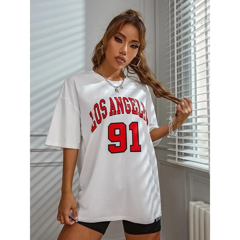 Los Angeles 91 Street City Printed T-Shirts Female Casual Breathable Short Sleeve Brand T-Shirt Loose Oversized Top Y2k Clothing