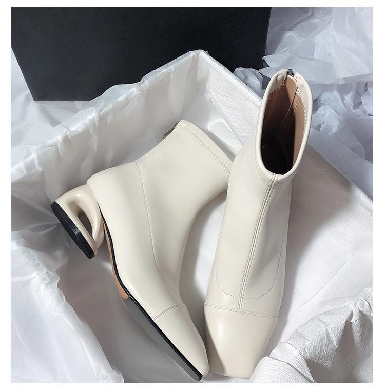 Martin-støvler firkantet tupp tykk hæl korte støvletter dame vår og høst enkeltstøvletter ny internett-kjendis tynne støvler liten duftende fransk kort