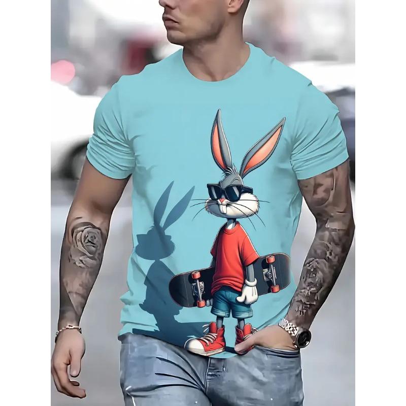 Neues Brillen tragendes Cartoon-Kaninchen Herren-T-Shirt Mode Tier- und Cartoon-Print-Design Rundhals Lässig Sport Herrenbekleidung