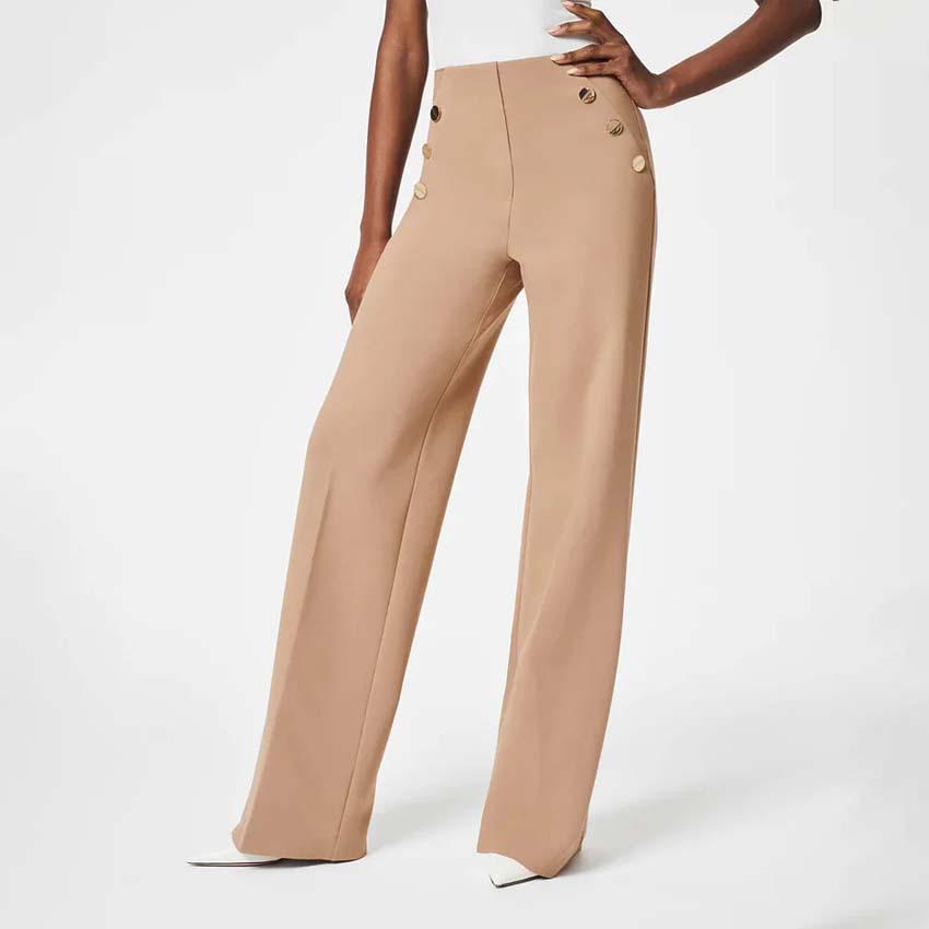 

Women s Wide-Leg Straight Pants: High Elasticity, Large Size, Casual, Nine-Point Length with Buttons S