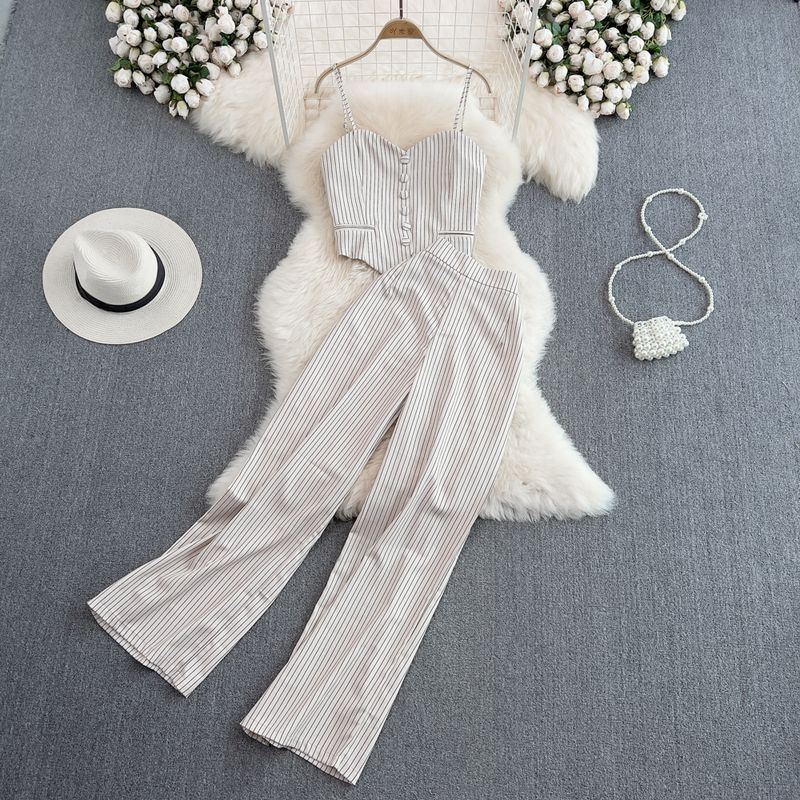 

Single Breasted Stripes Loose High Waist Drooping Fashion Suit Beige One size