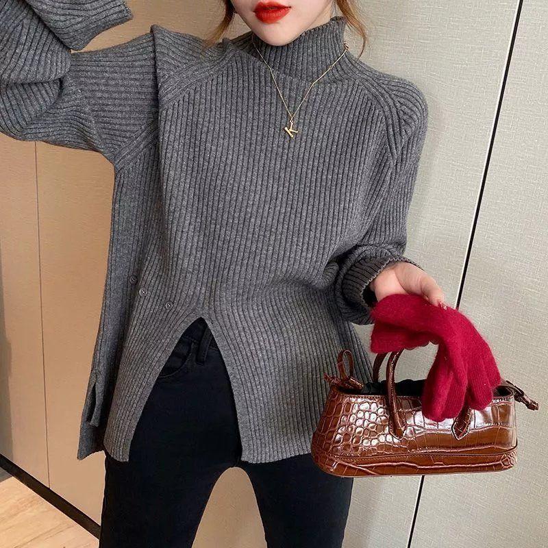 Half High Collar Sweater Pullover Women 2022 Solid Loose Open Knit Autumn and Winter Casual Long Sleeve Sweater Pullover Female