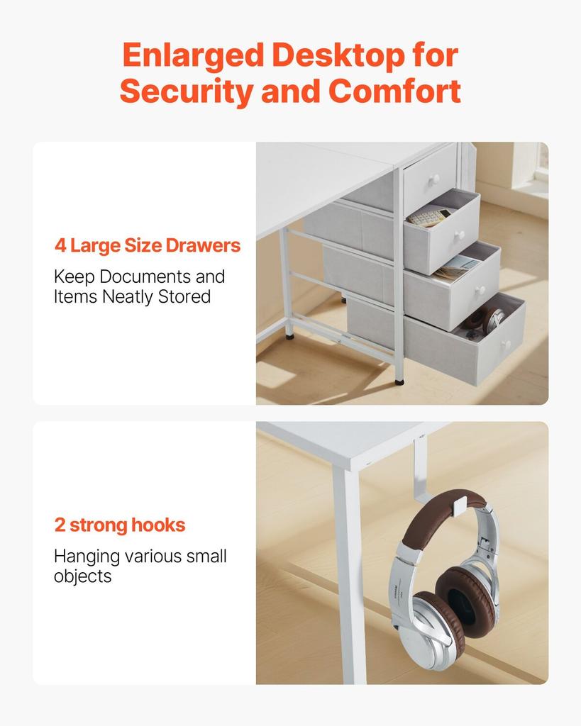 Computer Desk with Fabric Drawers, 120 Cm Reversible Study Work Writing Desk for Modern Home Office Bedroom, Simple Modern Cute PC Table Metal Frame