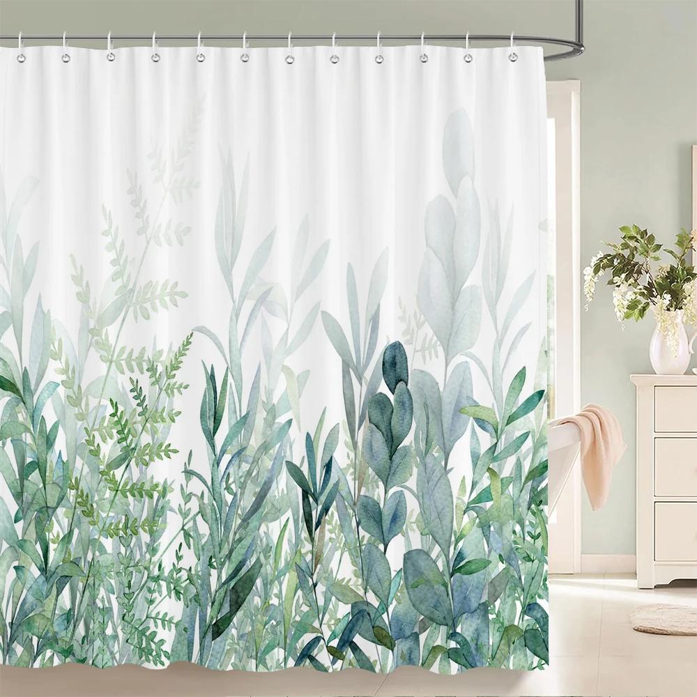 3D Fresh Green Plants Leaf Print Nordic Style Shower Curtain Set Hook Natural Flower Leaves Home Decoration Bathroom Curtains
