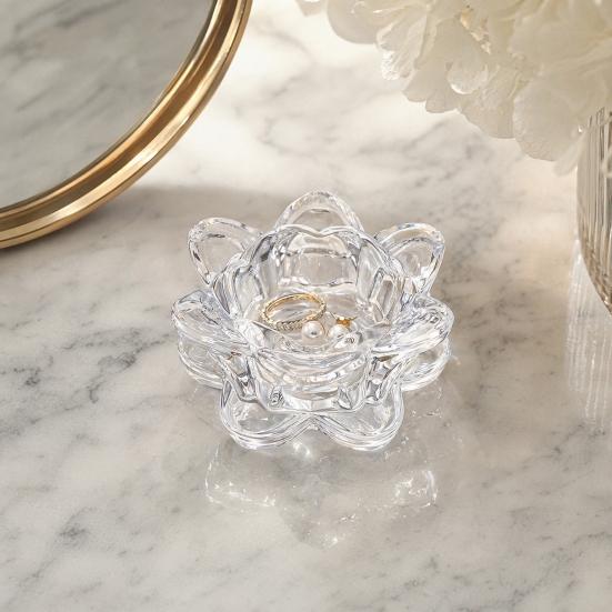 huaqianguhh Crystal Lotus Flower Tealight Candle Holders, Glass Tea Light Candlestick Decor with Deep Grooved Plate, Multifunctional Decoration