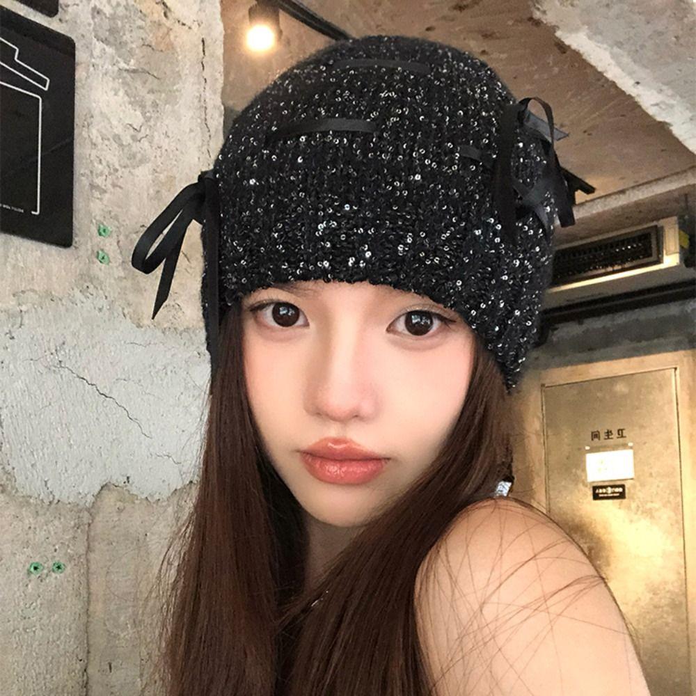 Hollow Beanie Hat Vintage Woven Cap Casual Sequin Knitted Hat  Winter