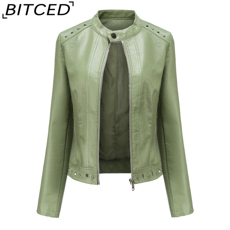 

BITCED Rivet Fashion Stand Collar Leather Jacket Solid Colour Casual Jacket for Women Spring/Autumn Outerwear XXXXXL зелёный