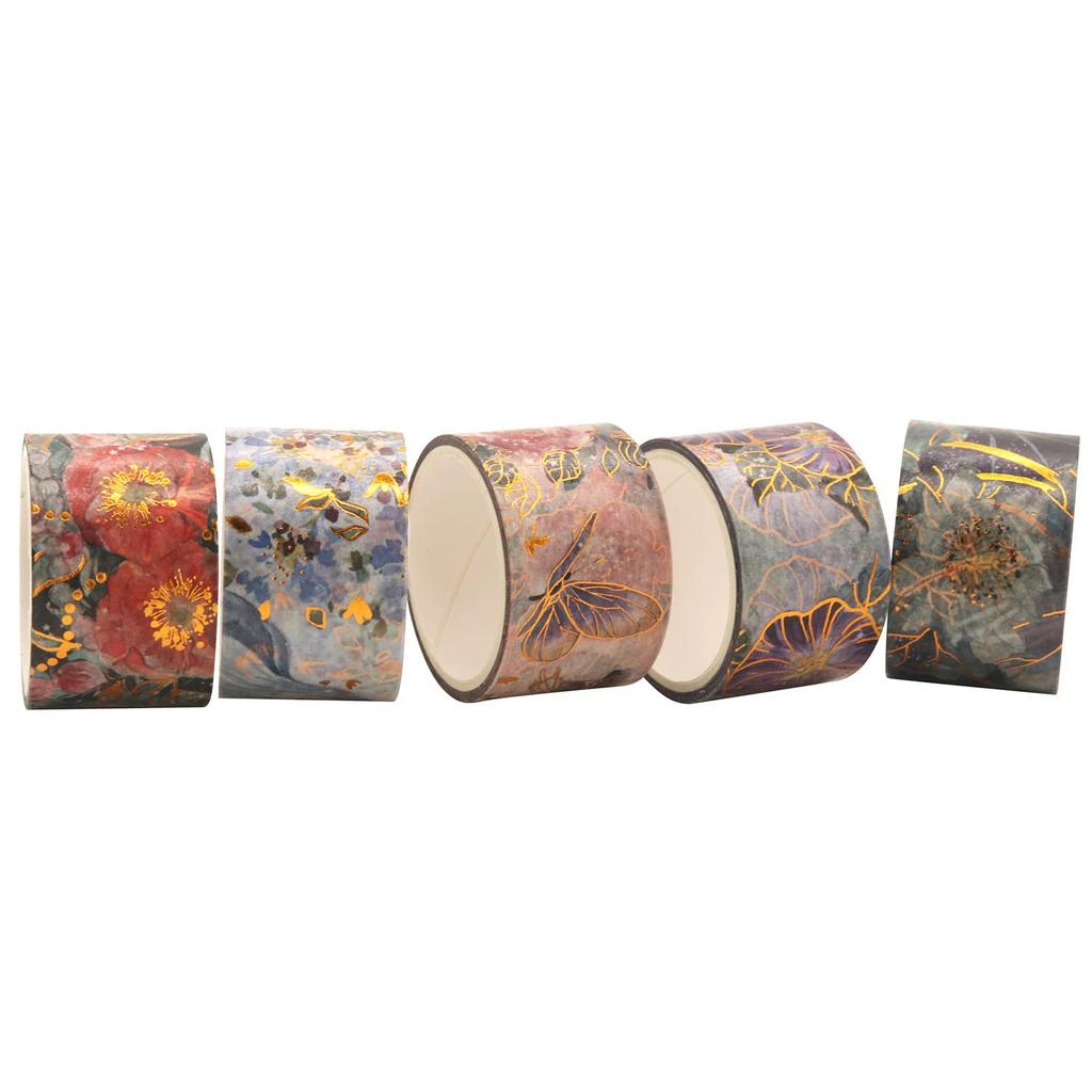 YUBBAEX Full Bloom Flower Masking Luxurious Gold Foil 25mm Wide X 5 Perfect for Gift DIY and Notebook Decorations Tape, Stamp, Rolls, Thin, Wrapping,