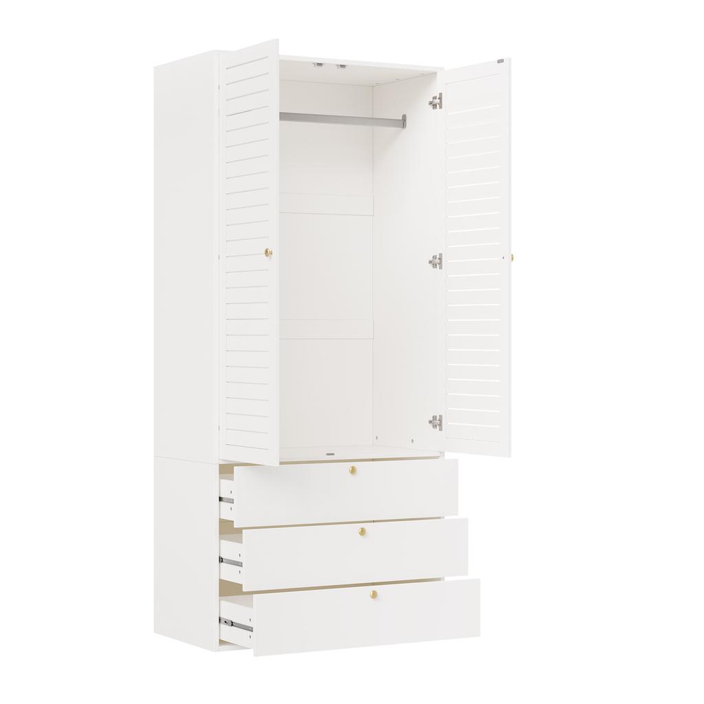 Kleiderschrank mit 2 Türen, elegante Lamellentüren, weiß, 90 x 50 x 200 cm, mit 1 Kleiderstange, 2 Türen und 3 Schubladen, für Schlafzimmer, Kinderzimmer