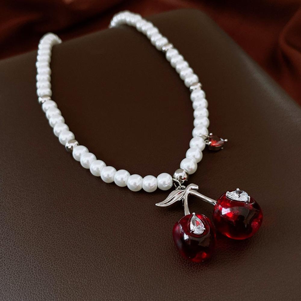 Pendant Cherry Necklace Heart Crystal Ear Studs Exquisite Cherry Jewelry Set  Gift