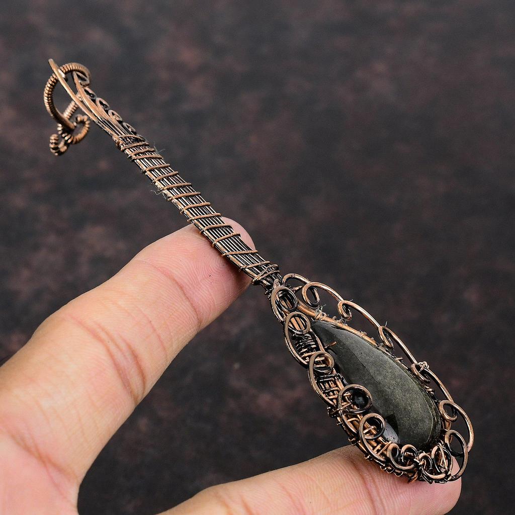 Silver Sheen Obsidian Pendant Copper Wire Wrapped Pendant Guitar Pendant Real Gemstone Copper Jewelry Handmade Wrapped Jewelry Gift For Her
