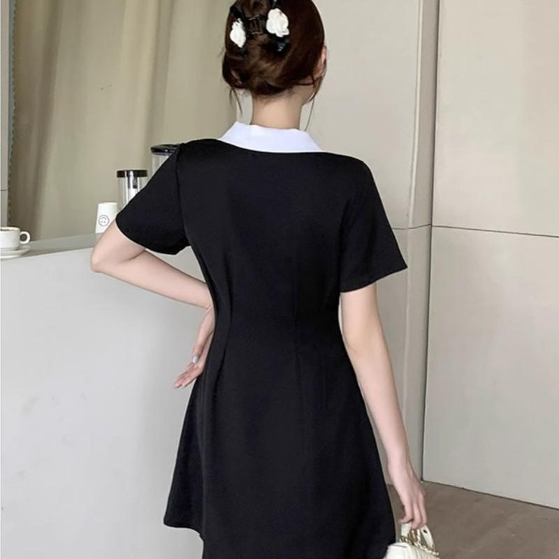 Polo collar dress women's summer new large size student small slim and thin waist A word small black skirt