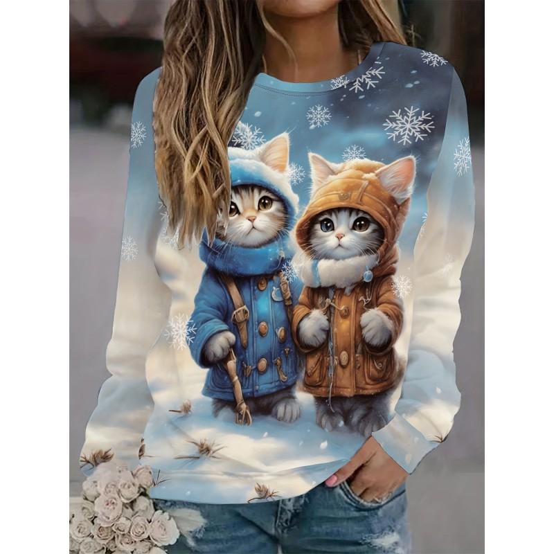 Womens Round Neck Pullover Sweatshirt With 3D Christmas Tree Print Casual Comfort Fit 2025