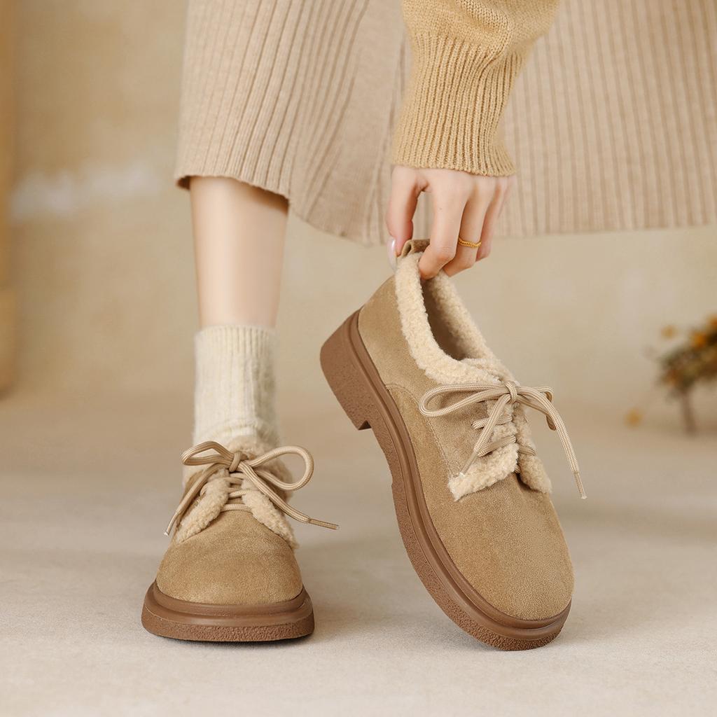 Thick-soled women's fleece retro single shoes lace-up winter warm cotton shoes