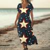 Women’s V Neck Short Sleeve Maxi Dress with Gradient Stripes and Star Print Loose Fit Summer Casual Style