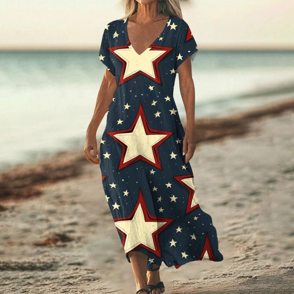 Women’s V Neck Short Sleeve Maxi Dress with Gradient Stripes and Star Print Loose Fit Summer Casual Style