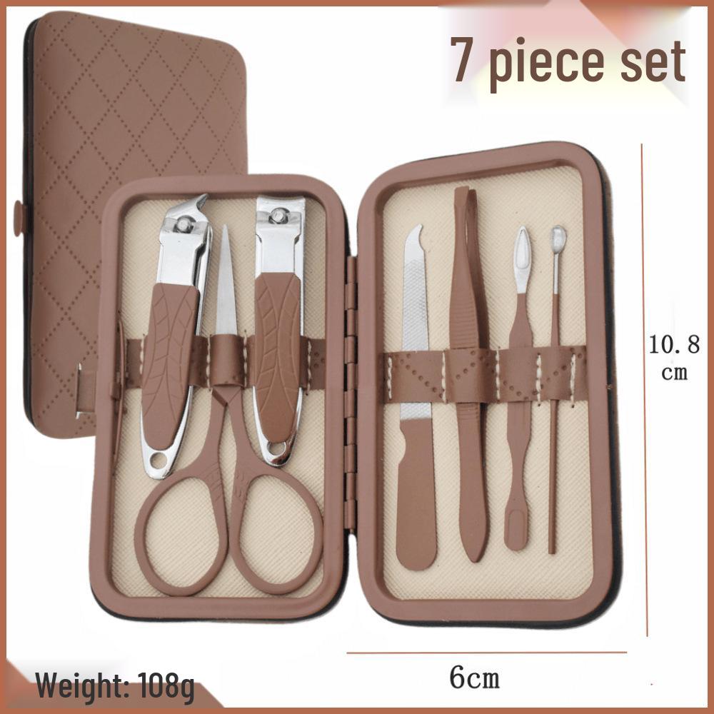28-teiliges Edelstahl-Nagelpflege-Set: Enthält Nagelscheren, Nagelhautzangen, Pediküre-Werkzeuge, einen Augenbrauentrimmer und eine Pinzette in einem braunen Etui.
