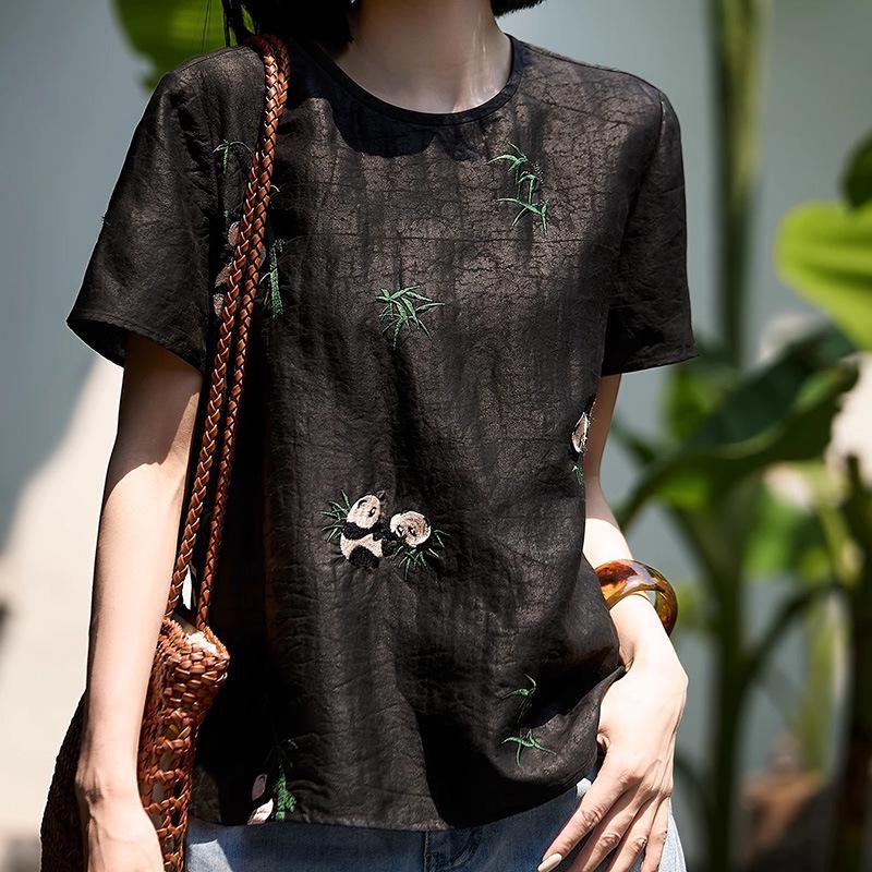 22MM Seiden-Schildpatt-Panda-Stickerei T-Shirt - Neuer Chinesischer Stil Maulbeerseide Damen Sommer Oberteil