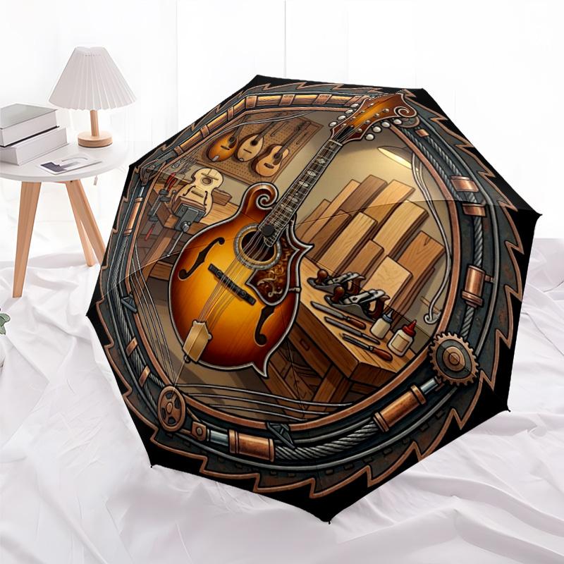 Guitar Workshop Craftsmanship pattern umbrella, portable and foldable design, 8 ribs, a casual accessory for Halloween, Christmas, and birthday gifts.