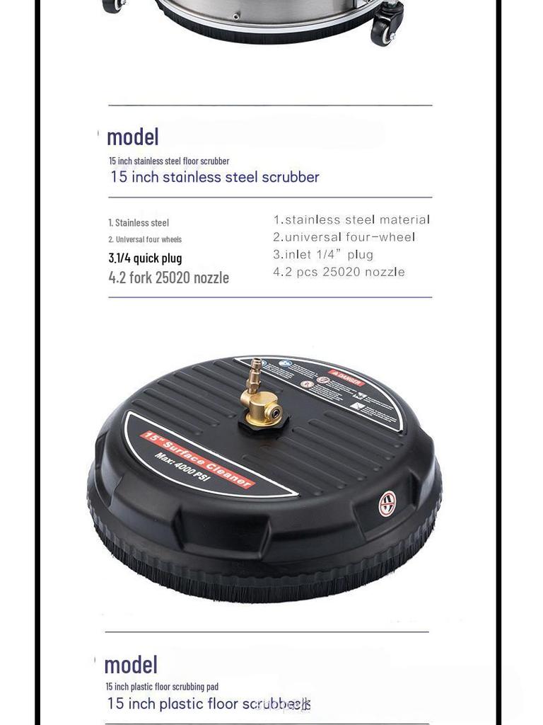 15" Stainless Steel High-Pressure Floor Scrubber with Quick-Connect for Home & Outdoor Use
