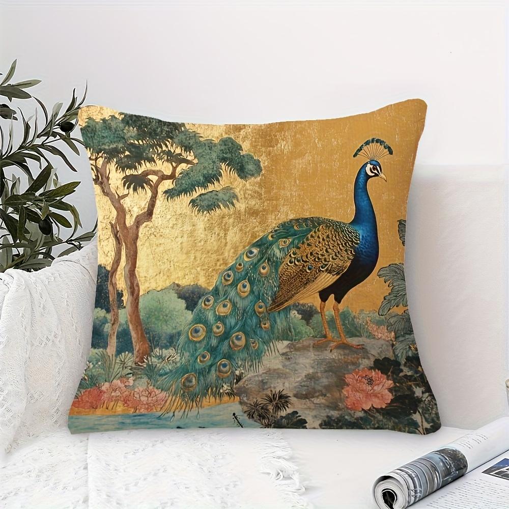 Funda de Cojín Decorativa 2D Plana - Pavo Real con Lámina de Oro Vintage Estilo Asiático Funda de Cojín Vida Silvestre del Jardín
