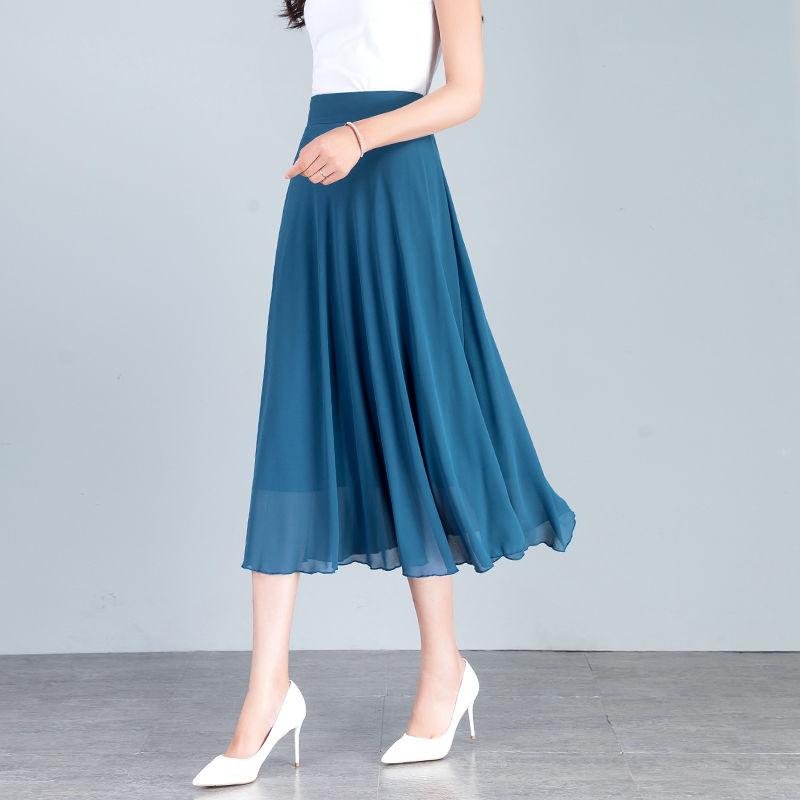 Sommer Neuer Einfarbiger Hellbrauner Chiffonrock Mittellang A-Linie Großer Schwung Damenrock Knielanger Rock