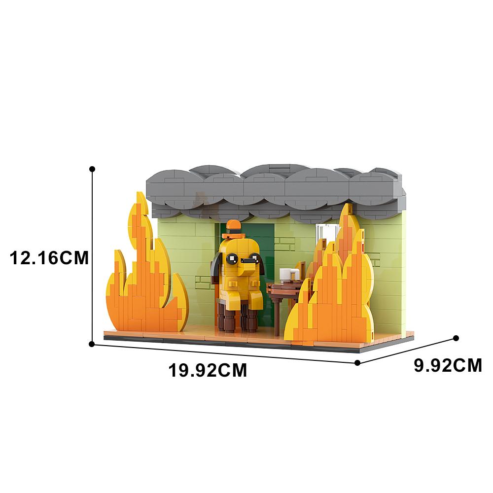 Gobricks MOC This Is Fine-Meme Vignette Bausteine Set Anime Cartoon Jagdhund Flammenstuhl Comic Tiere Kreativität Modellstein Geschenk