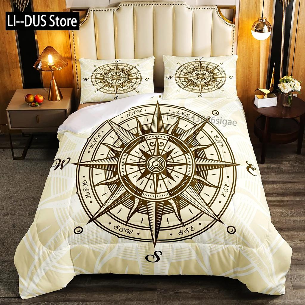 Compass Duvet Cover Set Marine Discovery Art Decorative 3 Pieces Bedding Set with 2 Pillow Shams Twin Full Queen King Size