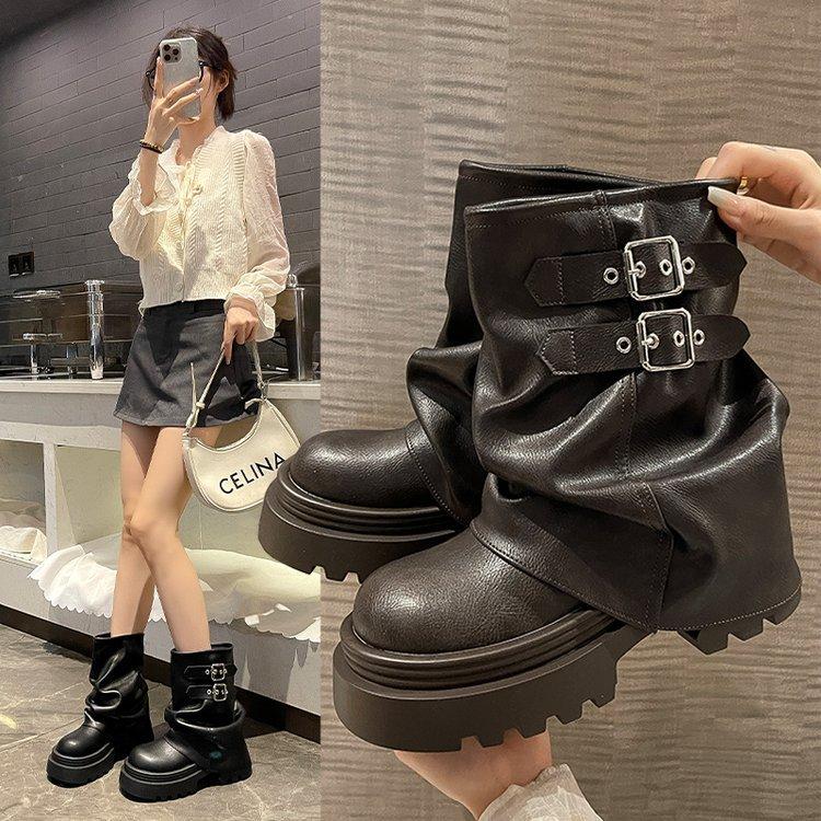 Gantai's house, this year's popular short boots for women's autumn leather black super-fire trousers, thick-soled foreign-style small short boots.
