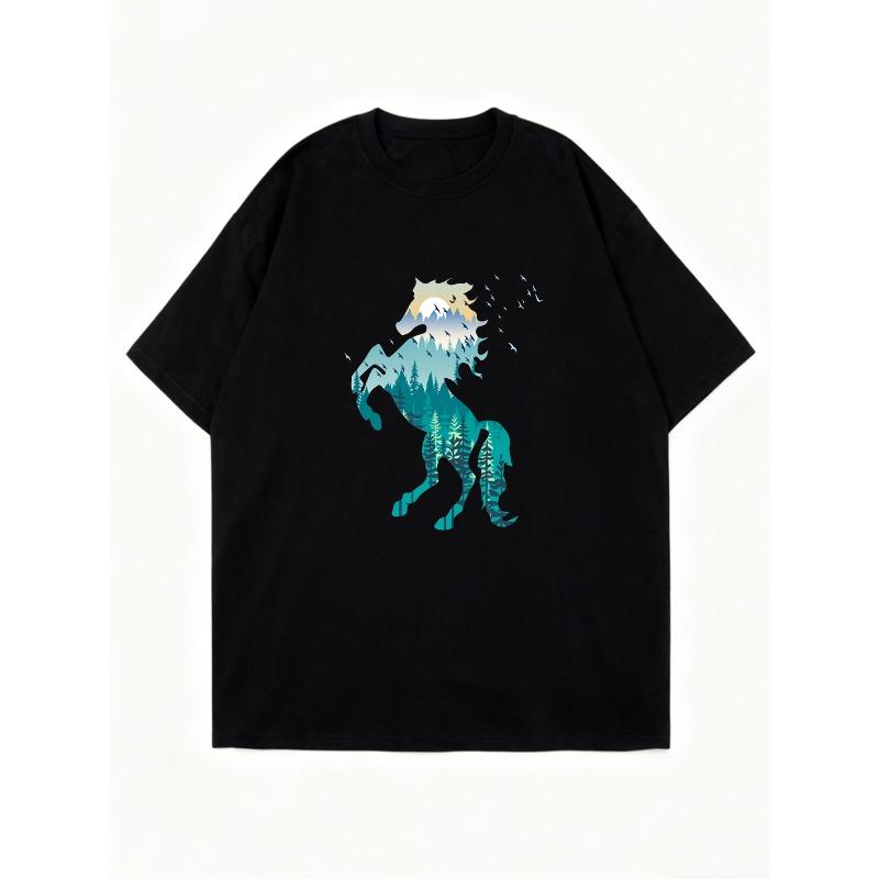 Oversized T Shirt Black Mountain Landscape Print For Casual Wear