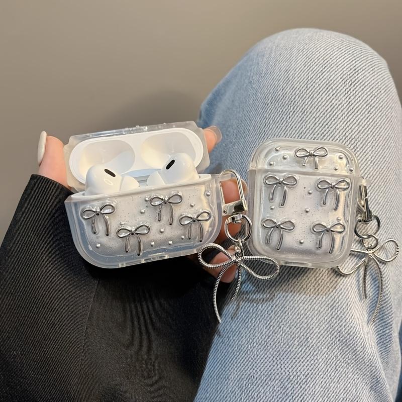 Cute Silver Bowknot Clear Headphones Case for AirPods Pro3/Pro2/Pro with Pendant Protective Soft TPU Cover for AirPods 4/3/2/1