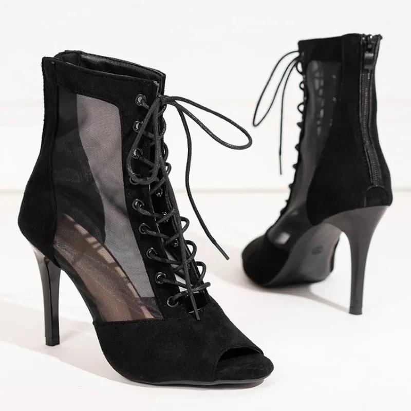

Сексуальные женские туфли на шпильках для латинских танцев, бальные туфли для танго, сальсы, танцевальные ботинки на шнуровке с мягкой подошвой, сетчатые ботинки для вечеринок 9 см 36 чёрный
