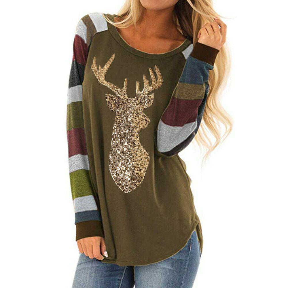 Festive Womens Christmas Tops With Sparkling Sequin Reindeer Long Sleeve Design