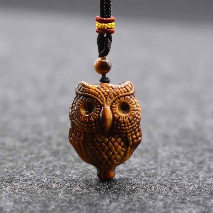 Natural Tiger Eye Owl Pendant Necklace, Wood Stone Jewelry