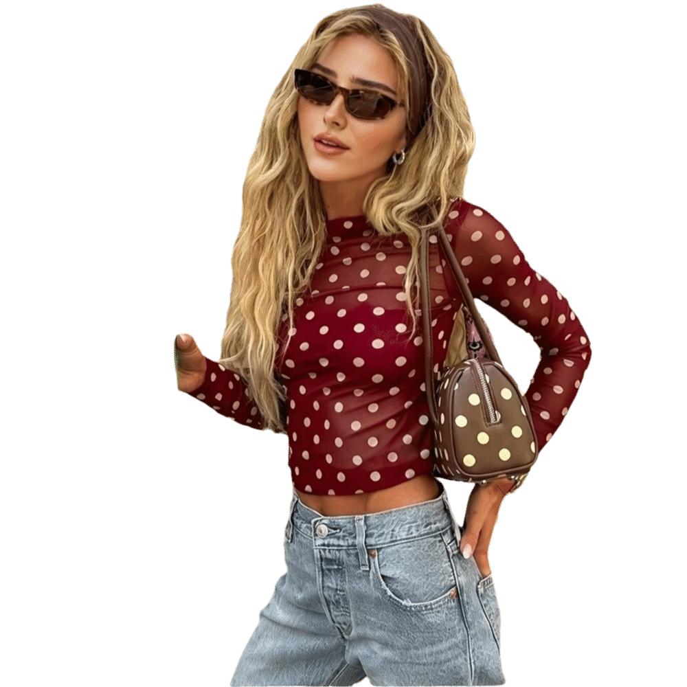 Leopard Polka Dot T-Shirt Transparent Y2k Crop Top Breathable Long Sleeve T-Shirt Date Night
