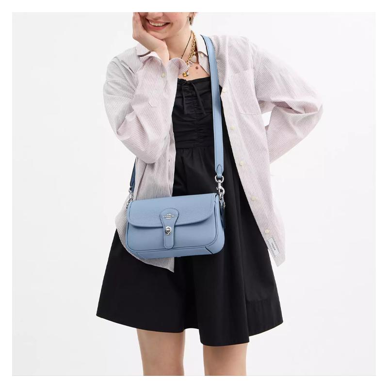 Coach Hadley 25 Logo Silver Hardware Pebbled Leather Crossbody Shoulder Bag Medium Women's Blue