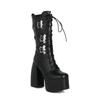 14.5cm Punk Motorcycle Boots Autumn /winter Thick Heel Ultra-high Heel Thick Bottom Strap Middle Boots Patent Leather Booties