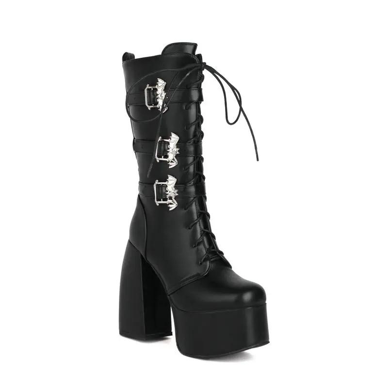14.5cm Punk Motorcycle Boots Autumn /winter Thick Heel Ultra-high Heel Thick Bottom Strap Middle Boots Patent Leather Booties