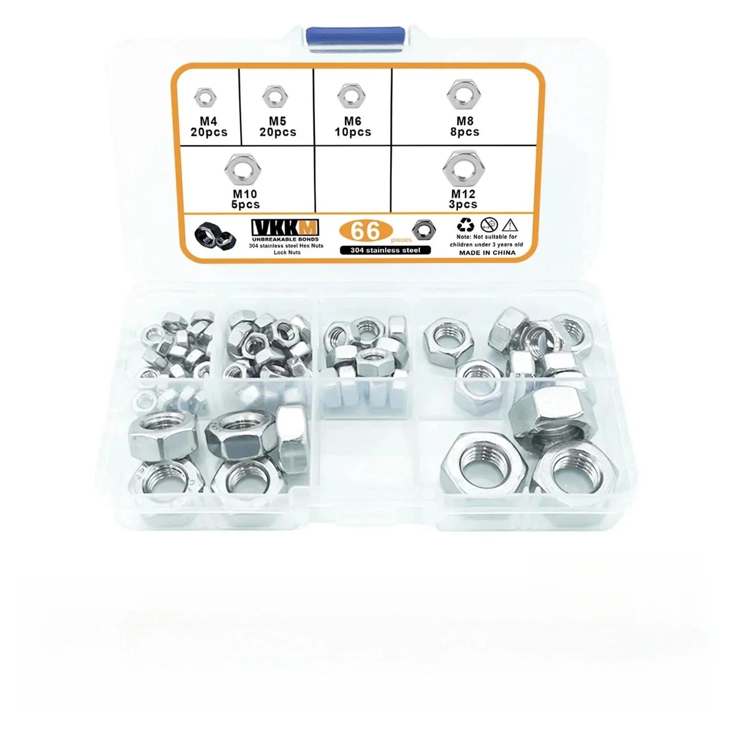 

66 Pieces 304 Stainless Steel Metric Hexagon Nuts M4 M5 M6 M8 M10 M12, Suitable for Mechanical, Automotive and Other Maintenance 66Pcs серебряный