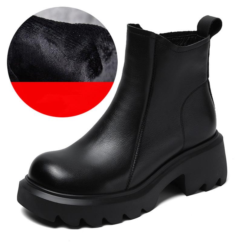 Johnature Thick Soled Genuine Leather Women's Boots British Style Round Toe Thick Heel Short Boots