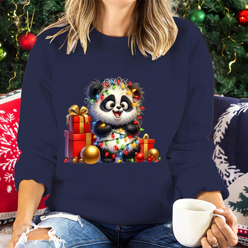 Merry Christmas Cartoon Panda Lights Design Women Sweatshirt Graphic Christmas Kawaii Cartoon Panda Gifts Holiday Sweatshirts