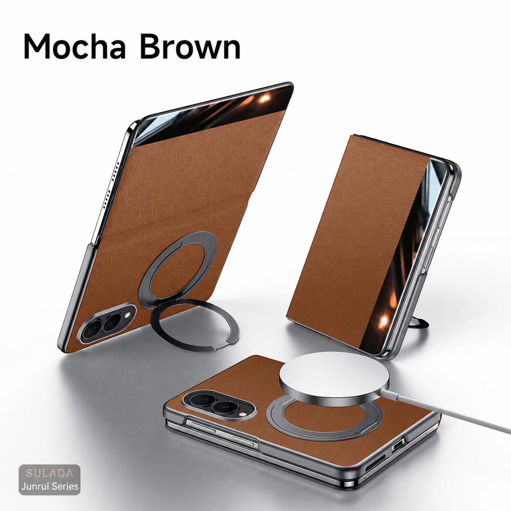 For Samsung Galaxy Z Fold 8 / Fold 8 Ultra Luxury Genuine Leather Magnetic Case Metal Ring Holder Stand Window View Flip Cover