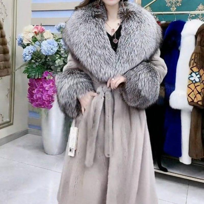 Winter new imitation fox fur collar imitation mink coat long fur integrated imitation fur coat women's clothing