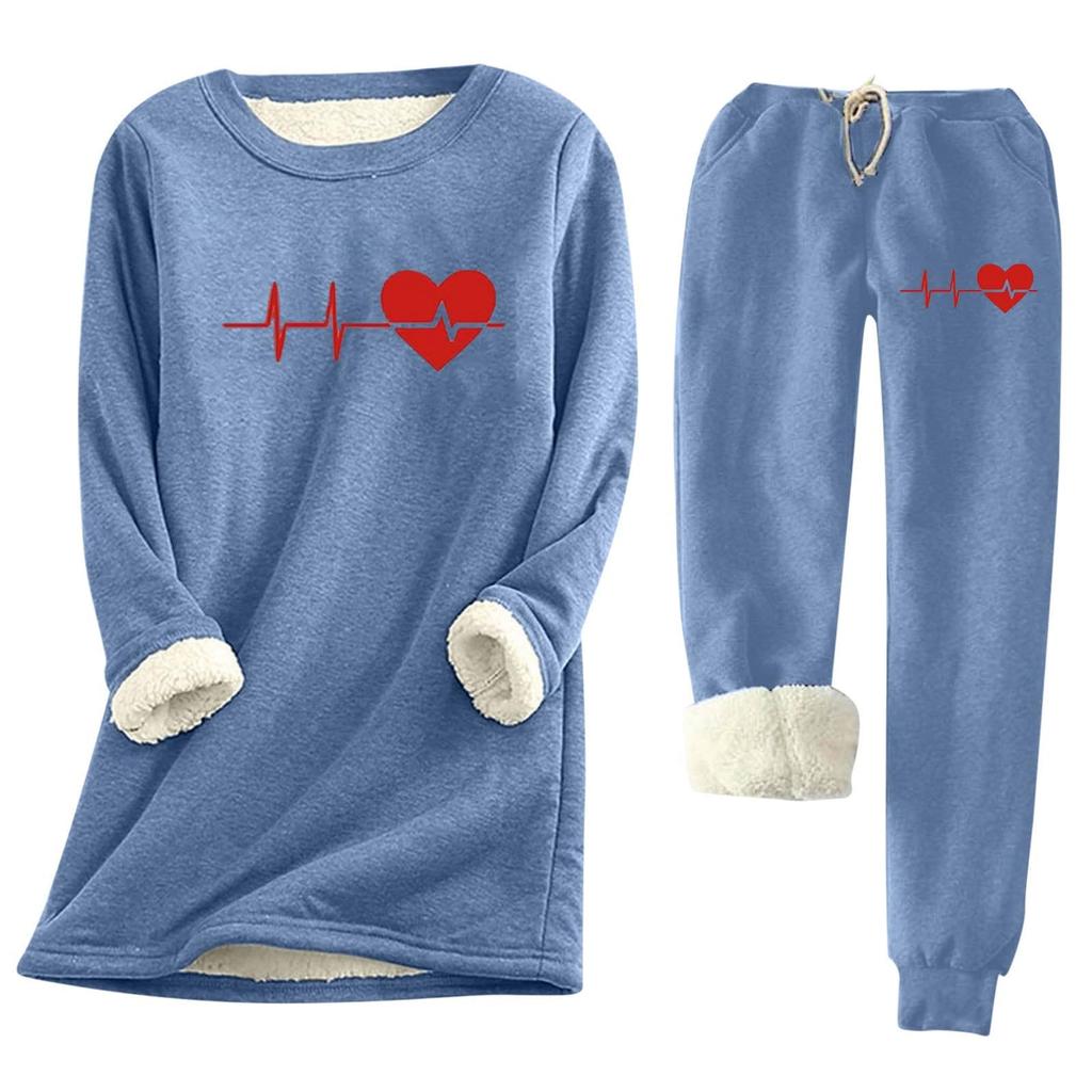 Women's Print Round Neck Warm Suit Long Sleeve Fleece Drawstring Sweatpants Two-Piece Set